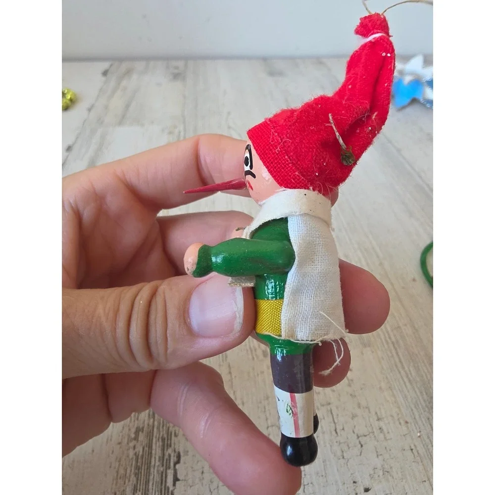 Vintage wooden Pinocchio ornament Xmas tree green red